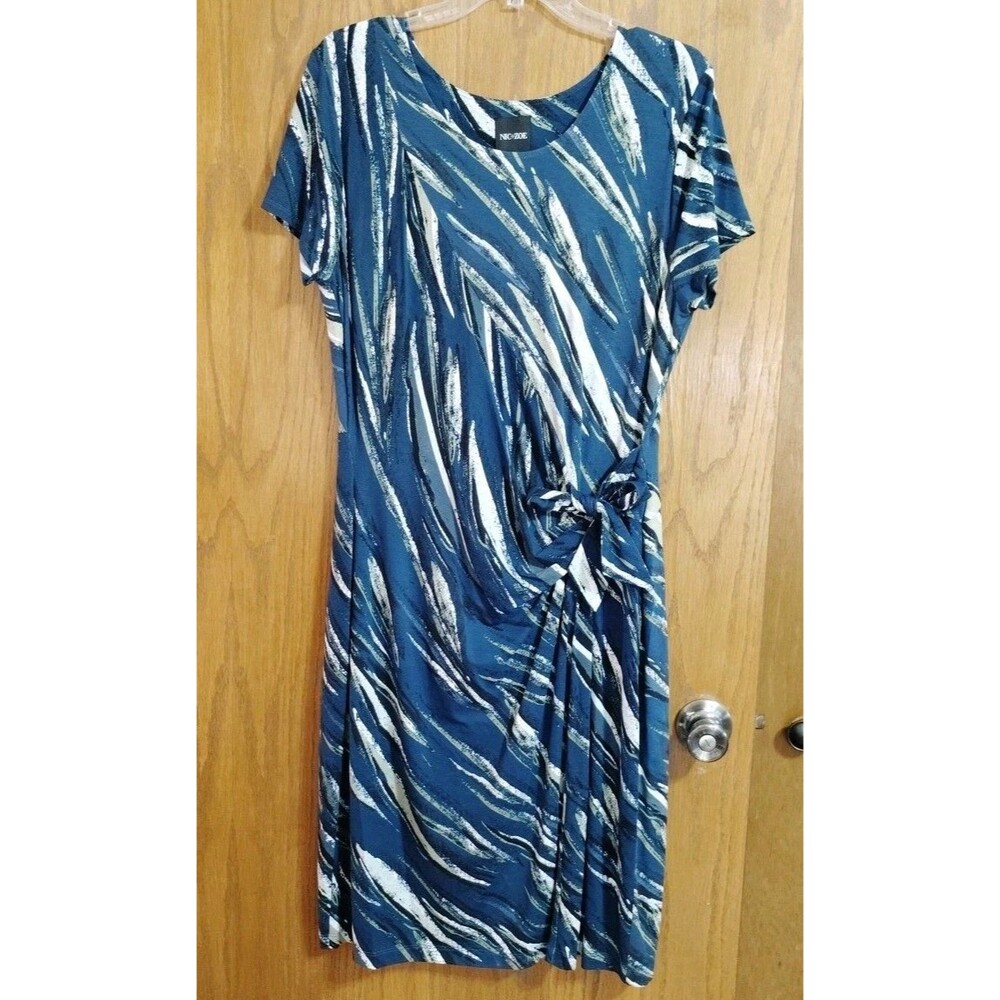 NIC+ZOE Dress LARGE Abstract Jersey Knit Office Career Blue Faux Wrap
